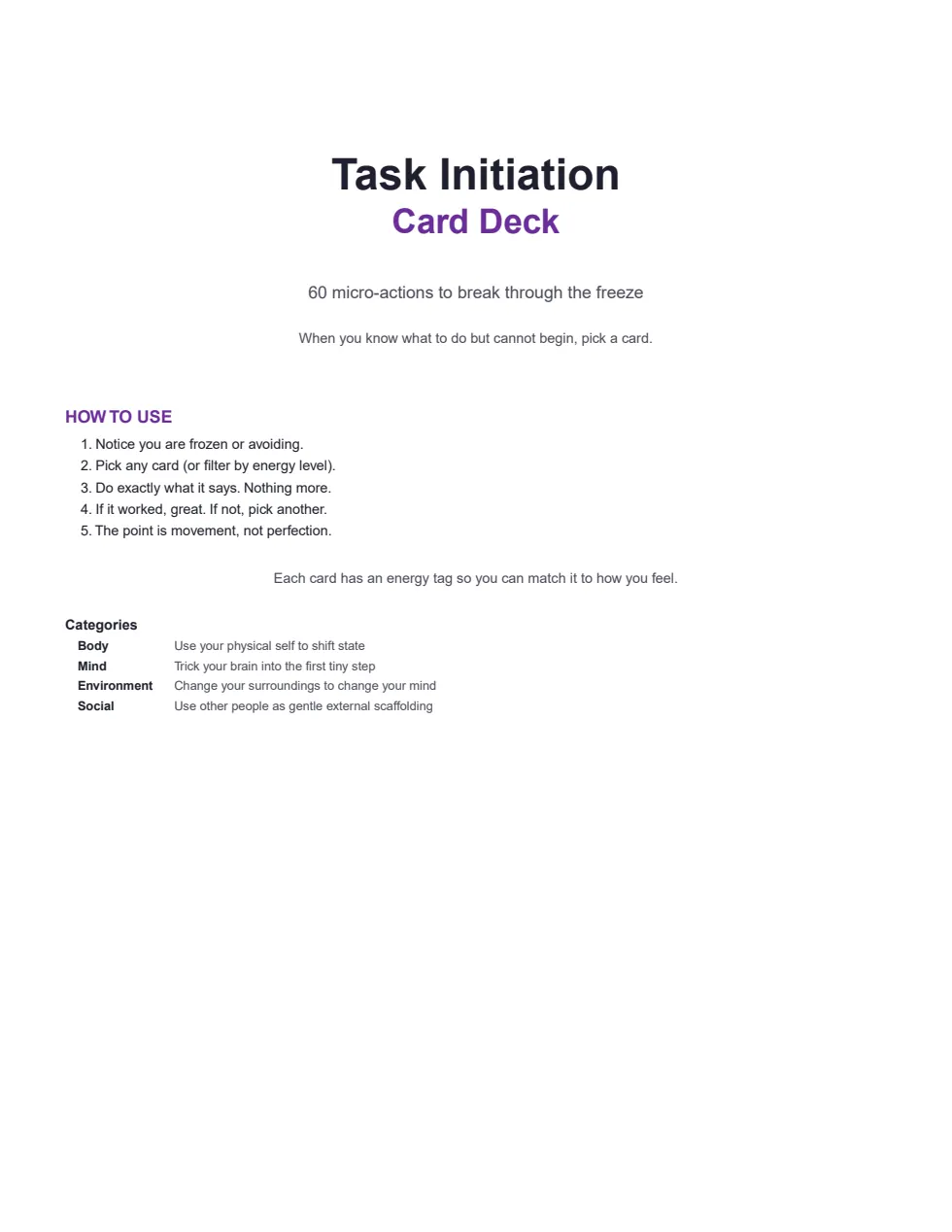Task Initiation Card Deck how-to-use page