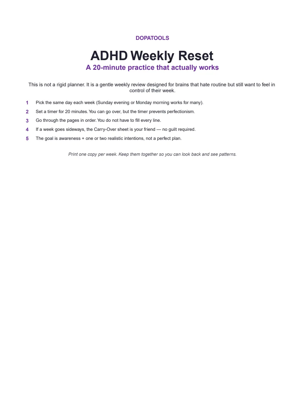 ADHD Weekly Reset cover and 20-minute practice