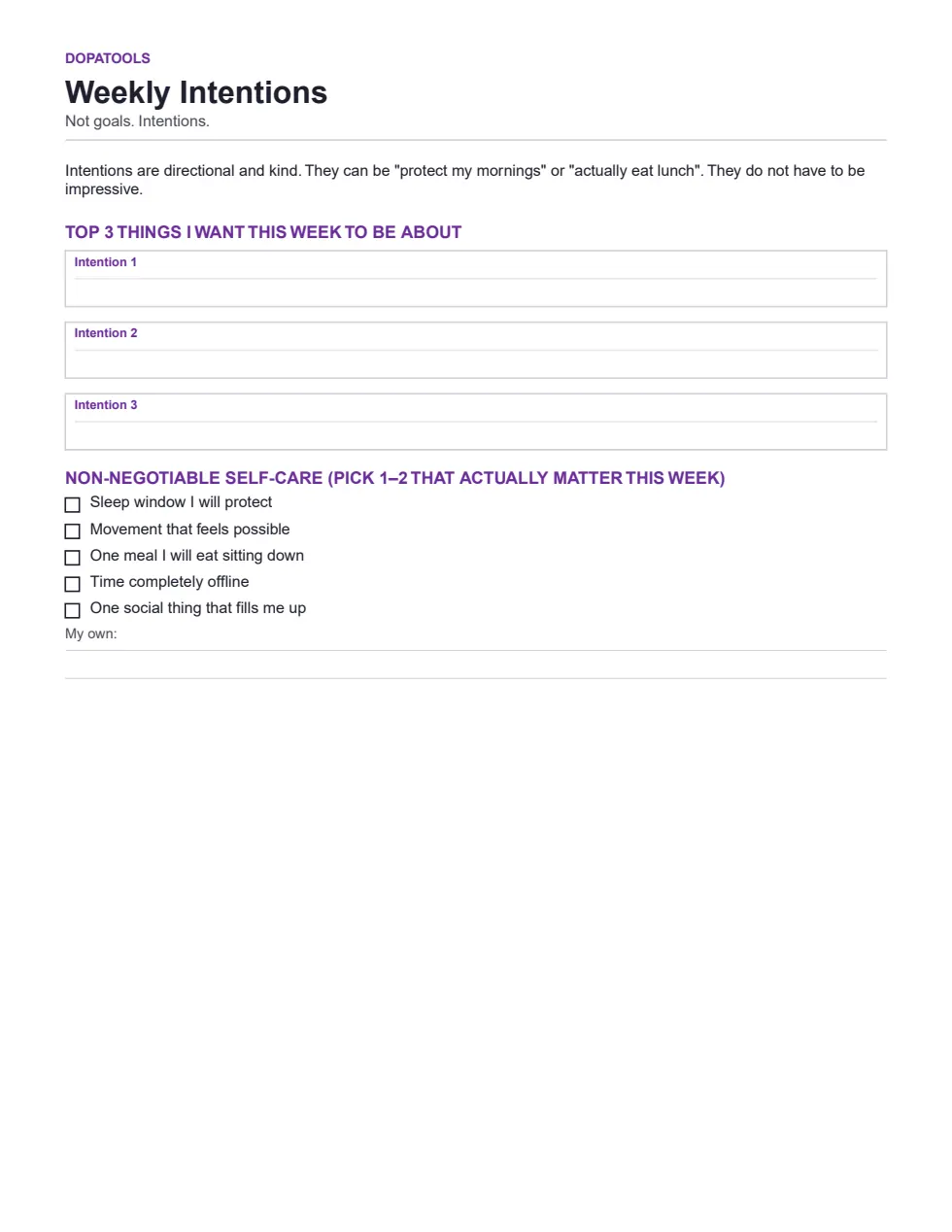 Weekly Intentions sheet with self-care checkboxes