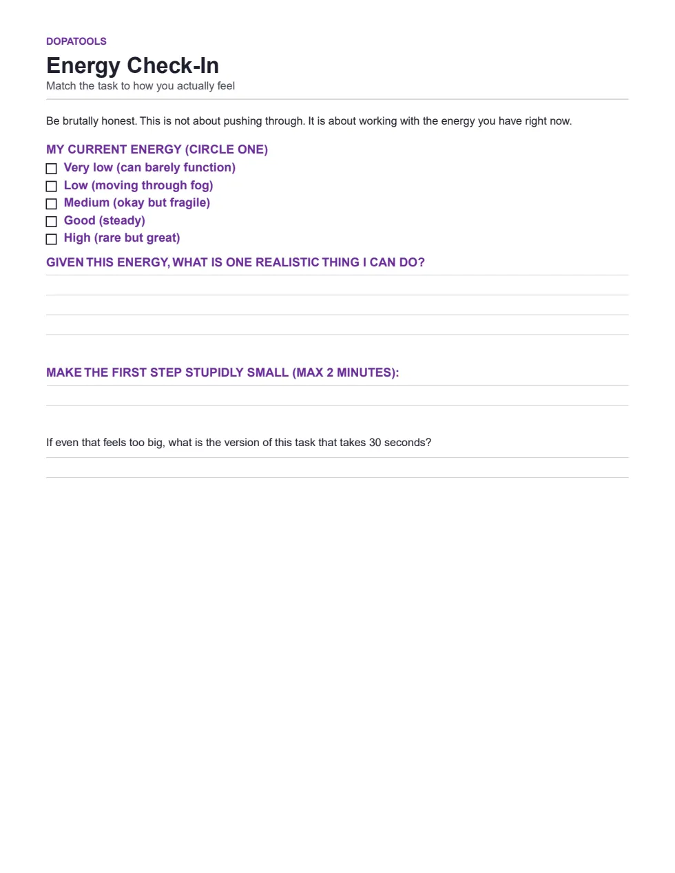Energy Check-In sheet with energy checkboxes