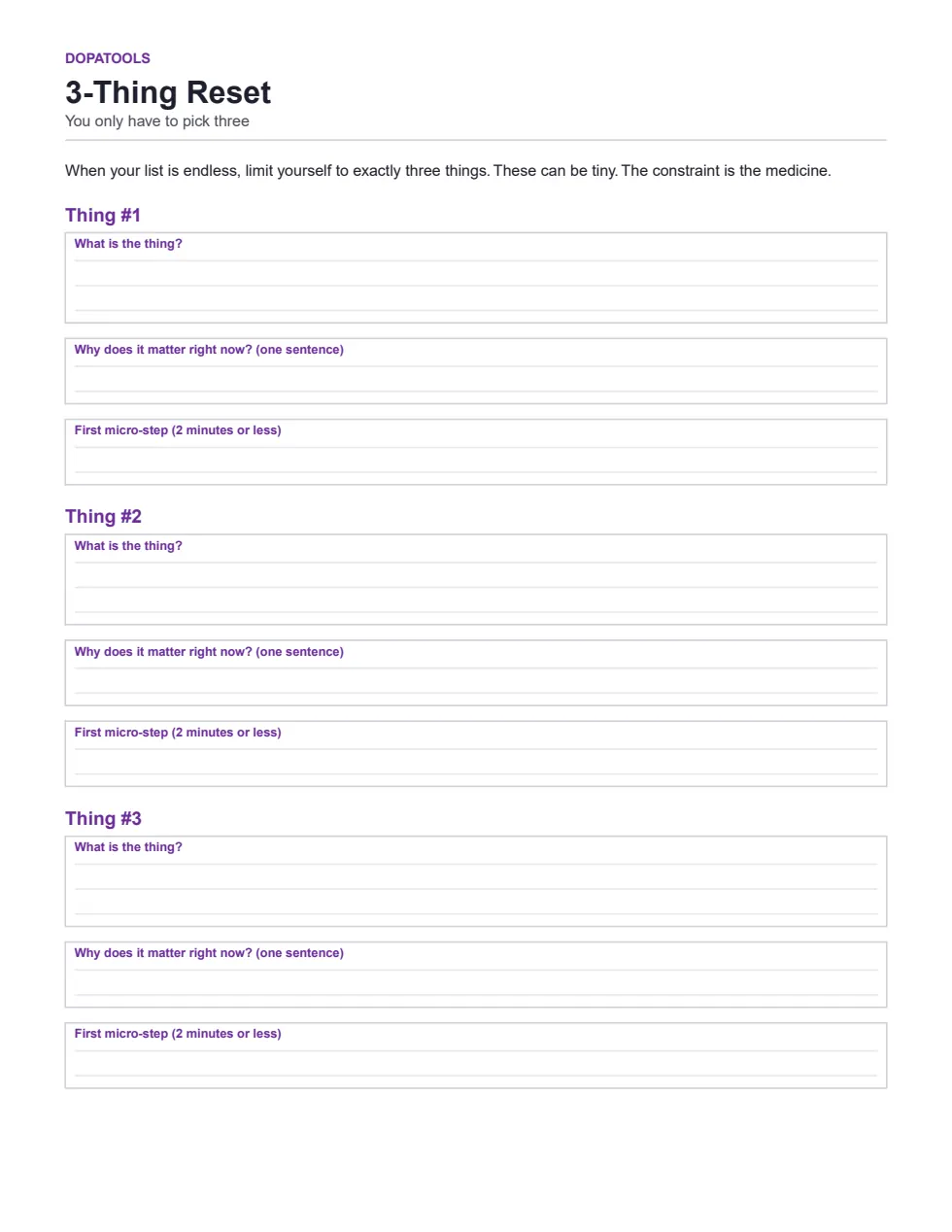 3-Thing Reset sheet with three boxed items